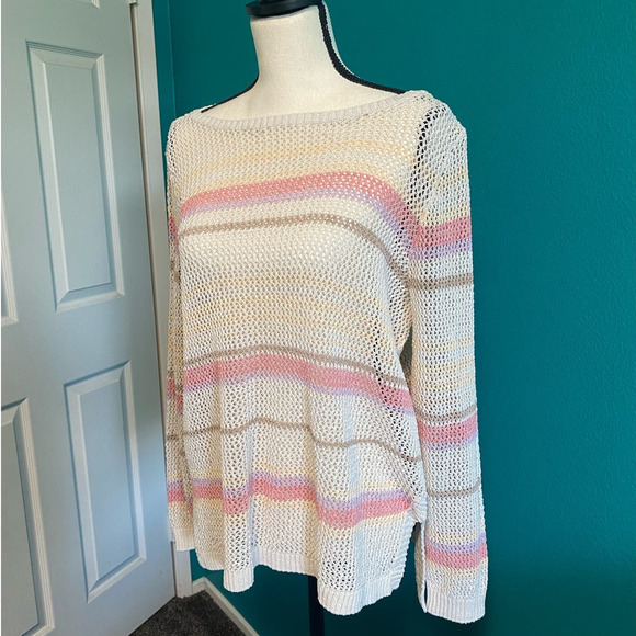 Chico’s Women's Cream Stripe Open Knit Long Sleeve Sweater - Picture 3 of 9